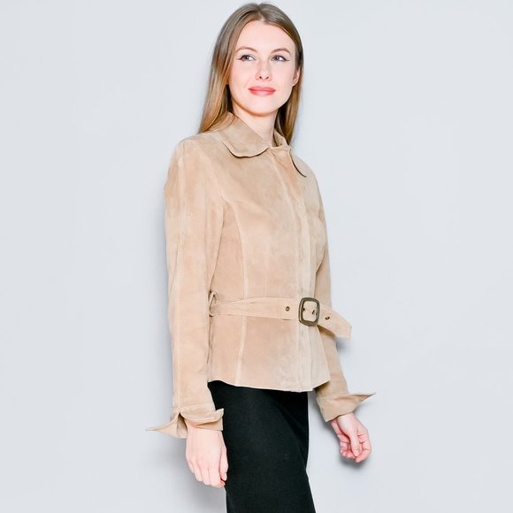 441. VINTAGE Context Leather Suede Tan Jacket with Belt Sz 8 - Picture 4 of 11